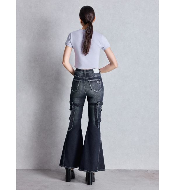 GYDA「ハイウエスト strap cargo designフレアデニムパンツ」|デニム|