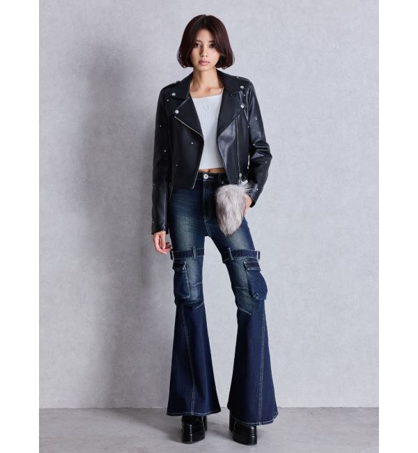 GYDA「ハイウエスト strap cargo designフレアデニムパンツ」|デニム|