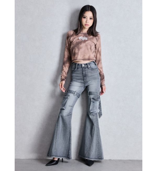 GYDA「ハイウエスト strap cargo designフレアデニムパンツ」|デニム|