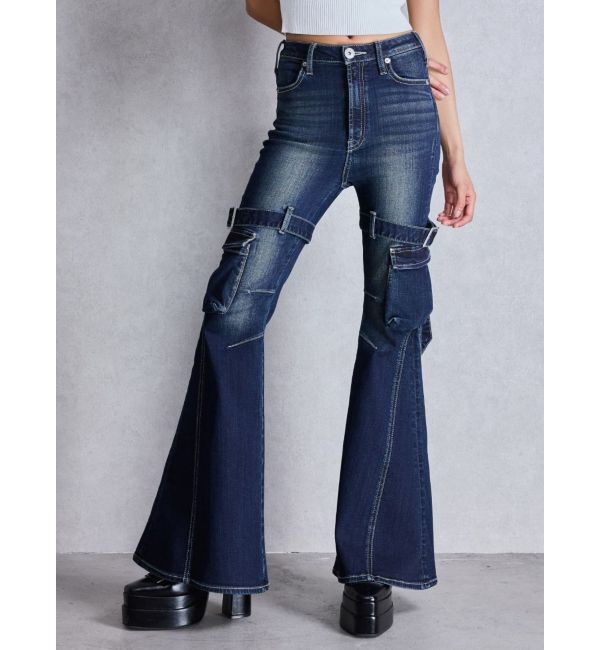 GYDA「ハイウエスト strap cargo designフレアデニムパンツ」|デニム|インディゴ