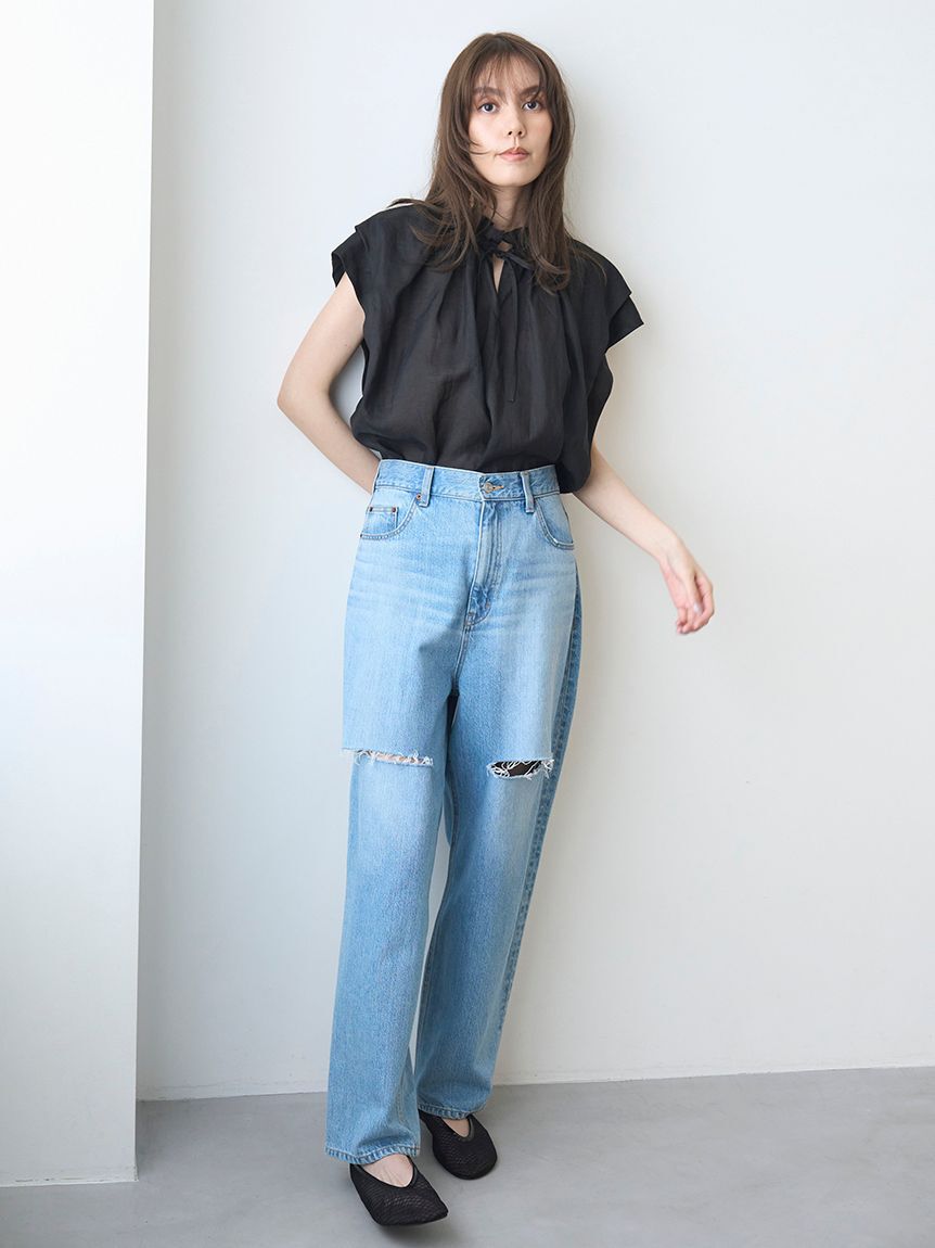 Mila Owen「【WEB限定00サイズ】ワイドテーパードカットアウトデニムパンツ」|デニム|