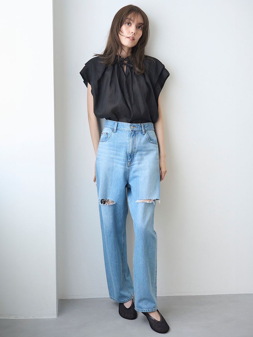 Mila Owen「【WEB限定00サイズ】ワイドテーパードカットアウトデニムパンツ」|デニム|