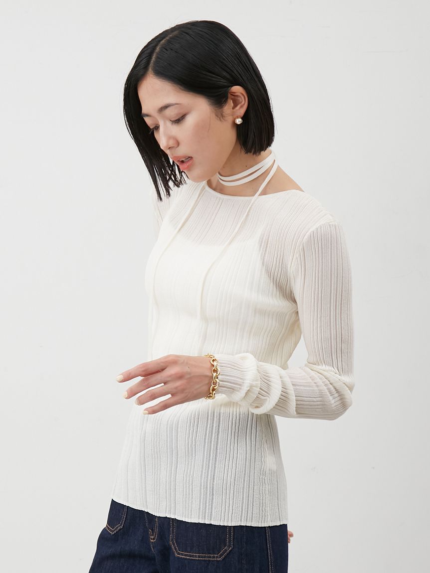 Mila Owen「ボートネックタイ付ランダムリブシアーニット」|ニット・セーター|