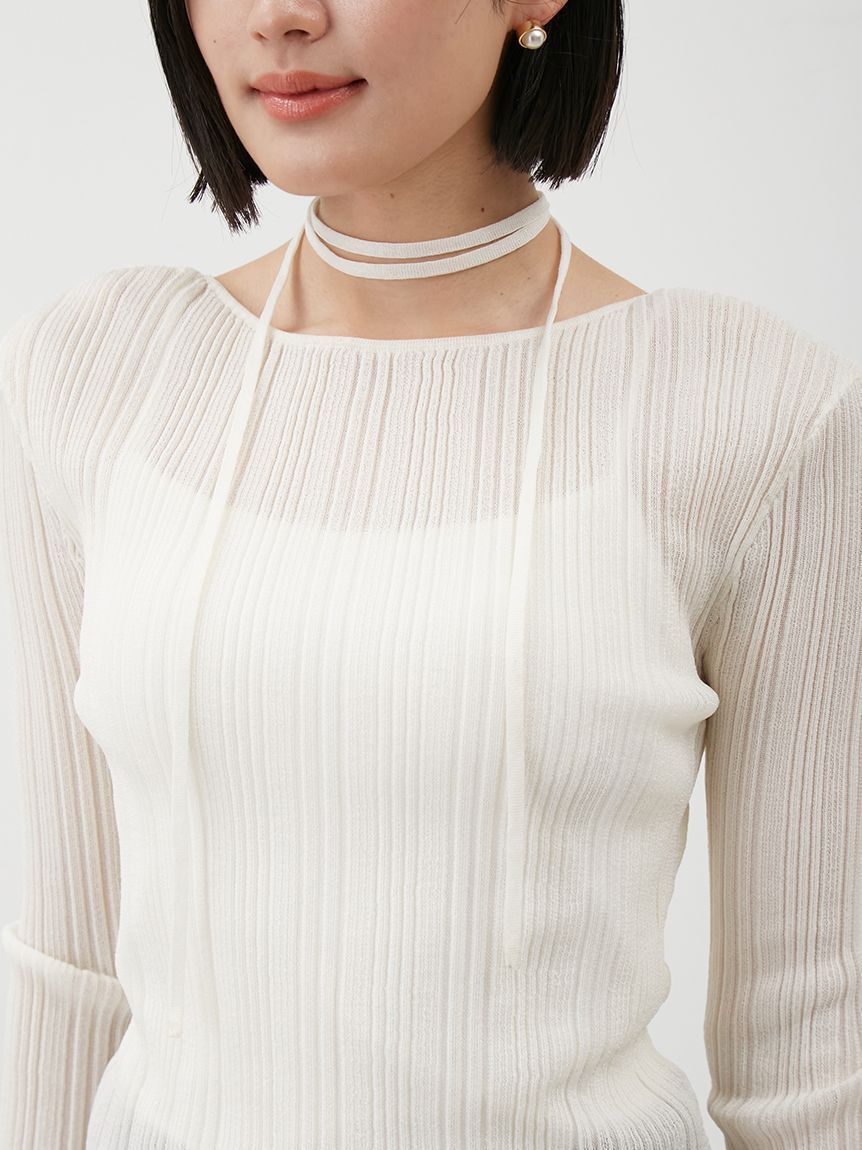 Mila Owen「ボートネックタイ付ランダムリブシアーニット」|ニット・セーター|