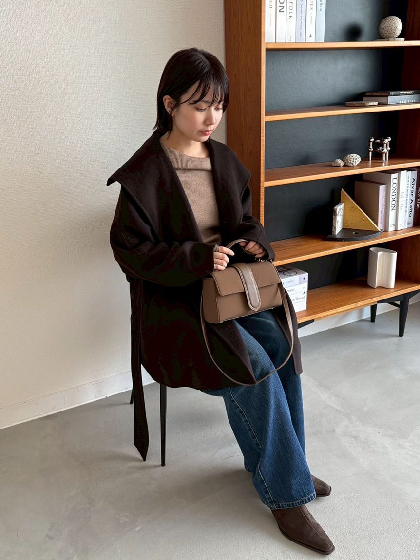 Mila Owen「共ベルト付きビックカラーミディ丈コート」|ステンカラーコート|