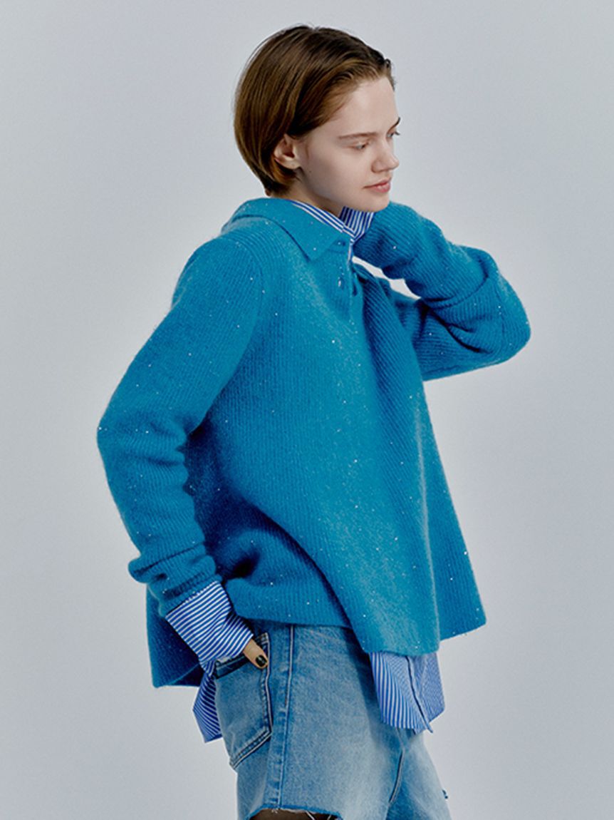Mila Owen「4WAYモヘヤラメペプラムニットプルオーバー」|ポロシャツ|BLU