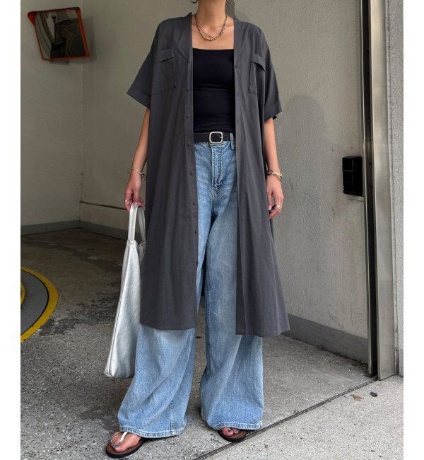 Lbc with Life「ダブルポケットVネックシャツワンピース」|ワンピース|チャコール