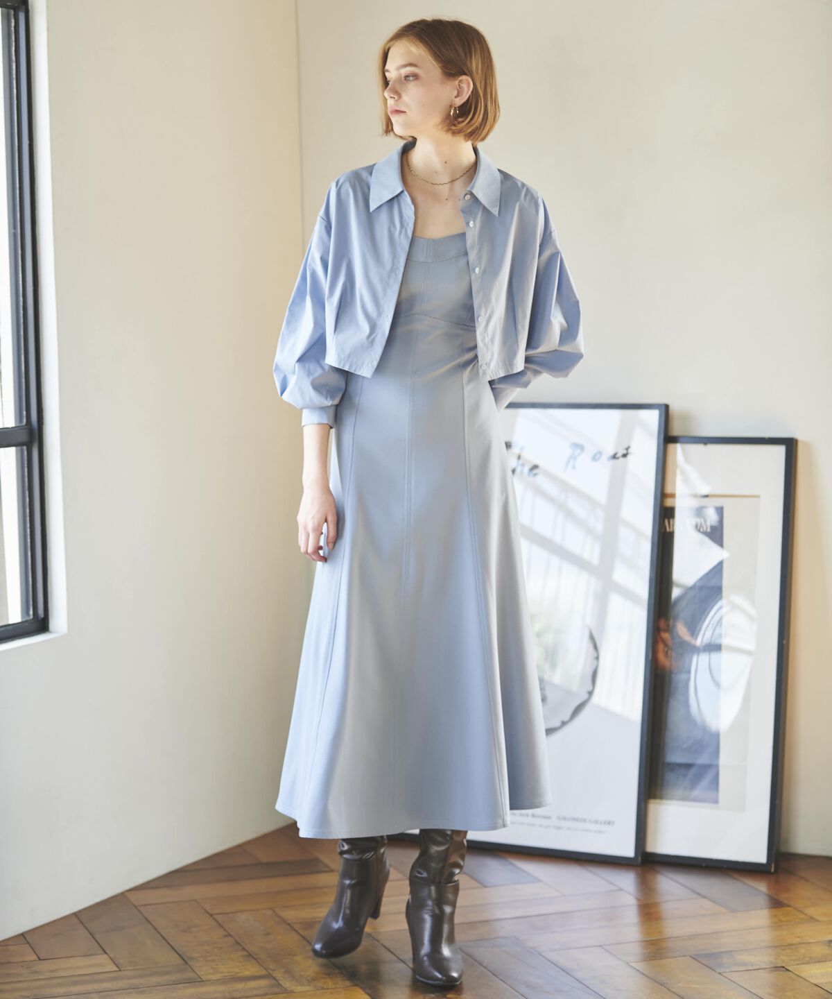 アンドクチュール「クロップド丈シャツ＋キャミワンピース」|ワンピース|ブルー