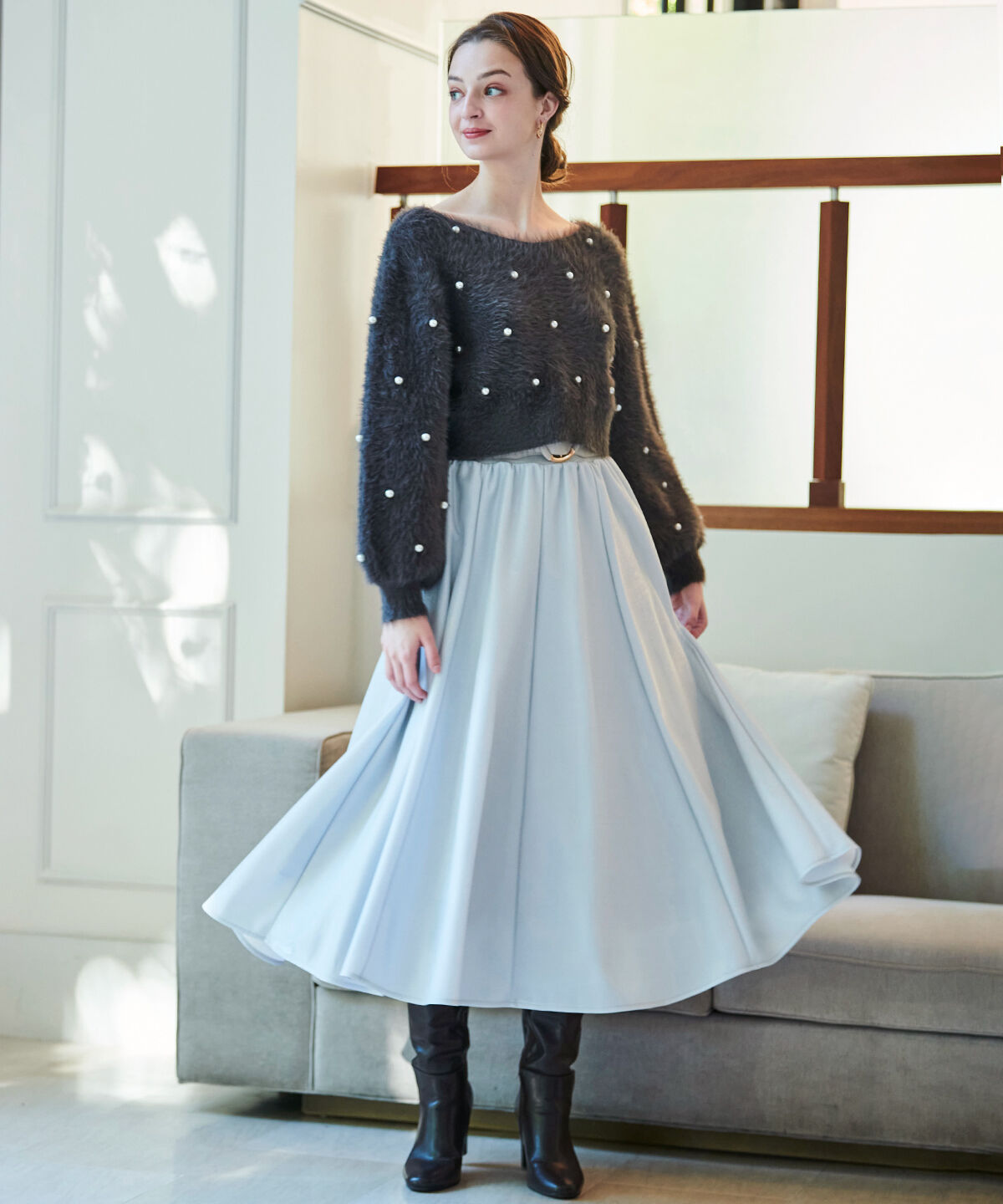 アンドクチュール「ラメデザイン8枚ハギスカート」|フレア|ライトグレー