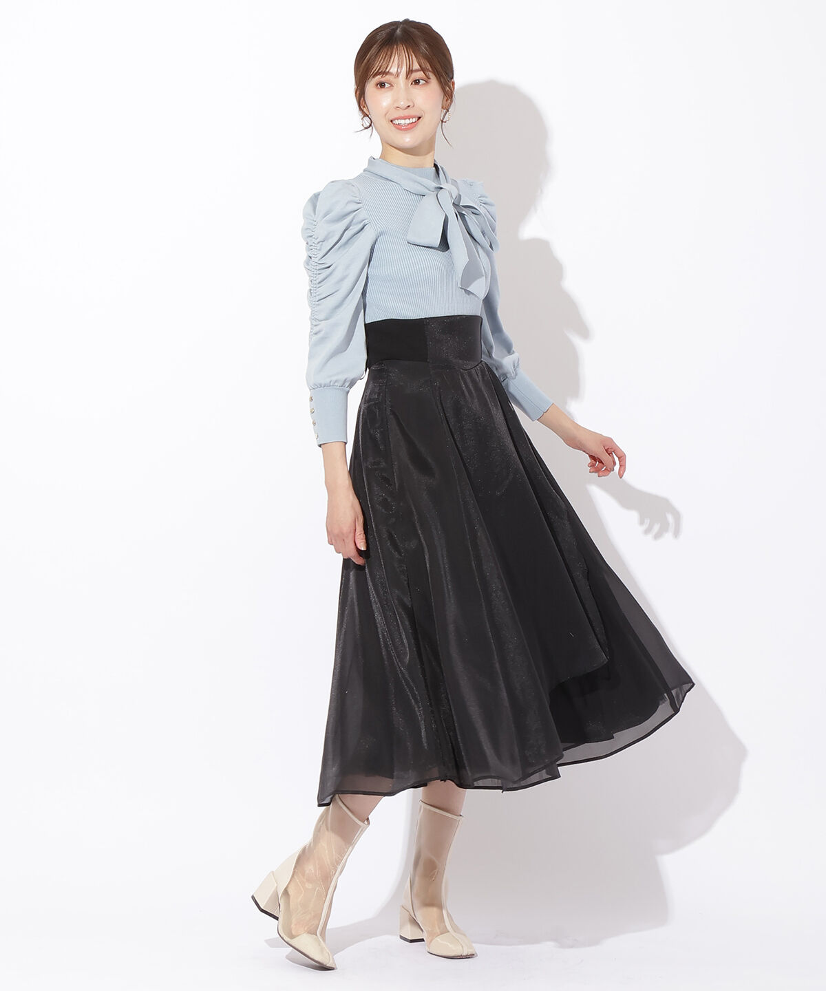 アンドクチュール「サイドリブシアー＆チュールスカート」|フレア|ブラック