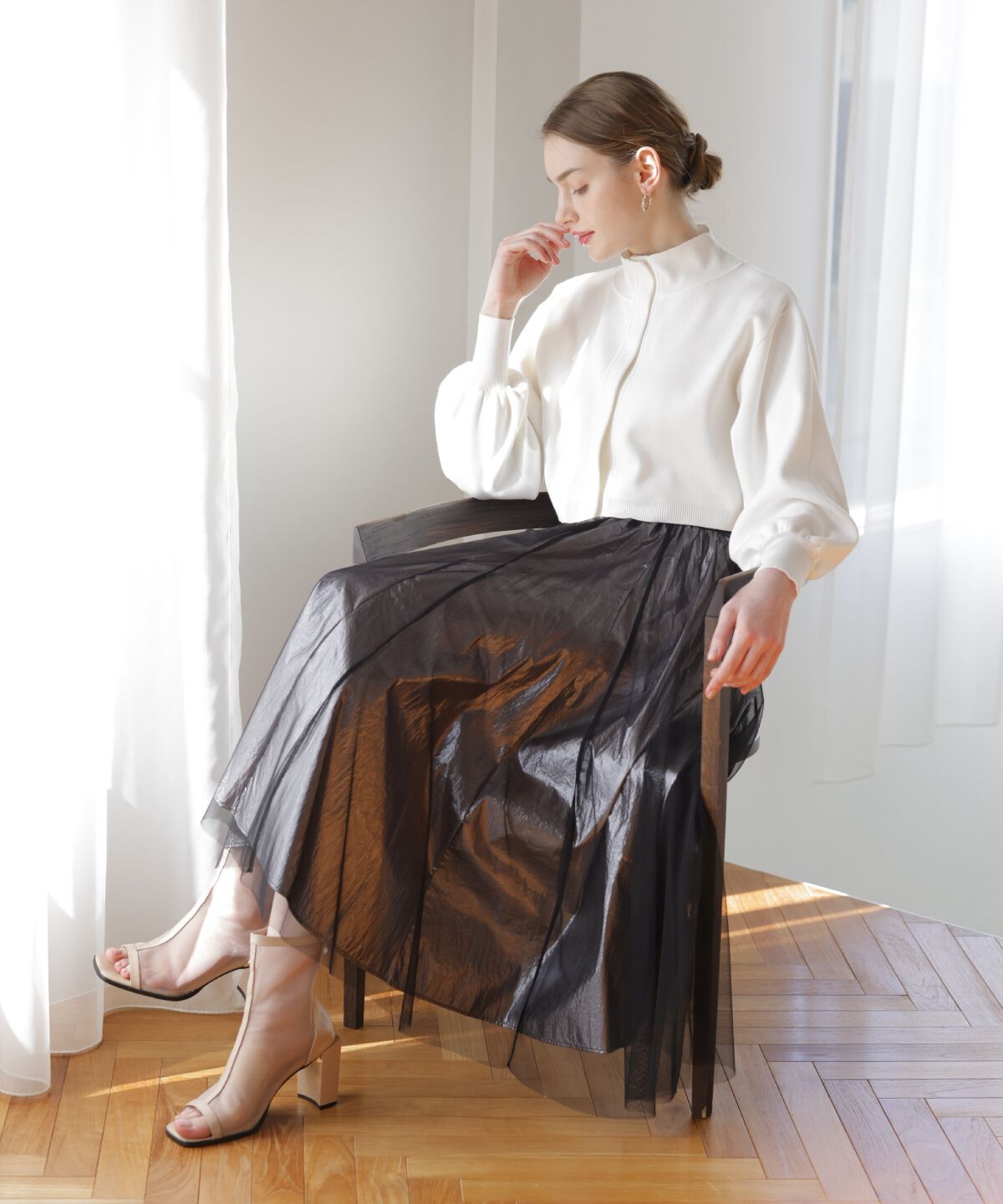 アンドクチュール「チュールレイヤード箔スカート」|フレア|