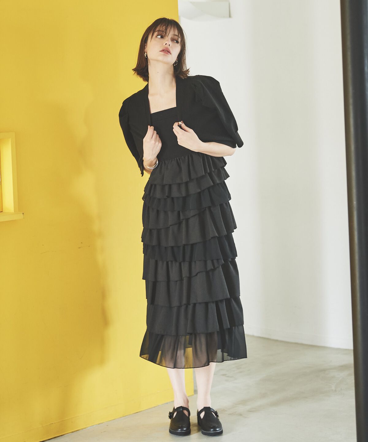 アンドクチュール「袖ギャザーVネックカーデプルオーバー」|ニット・セーター|