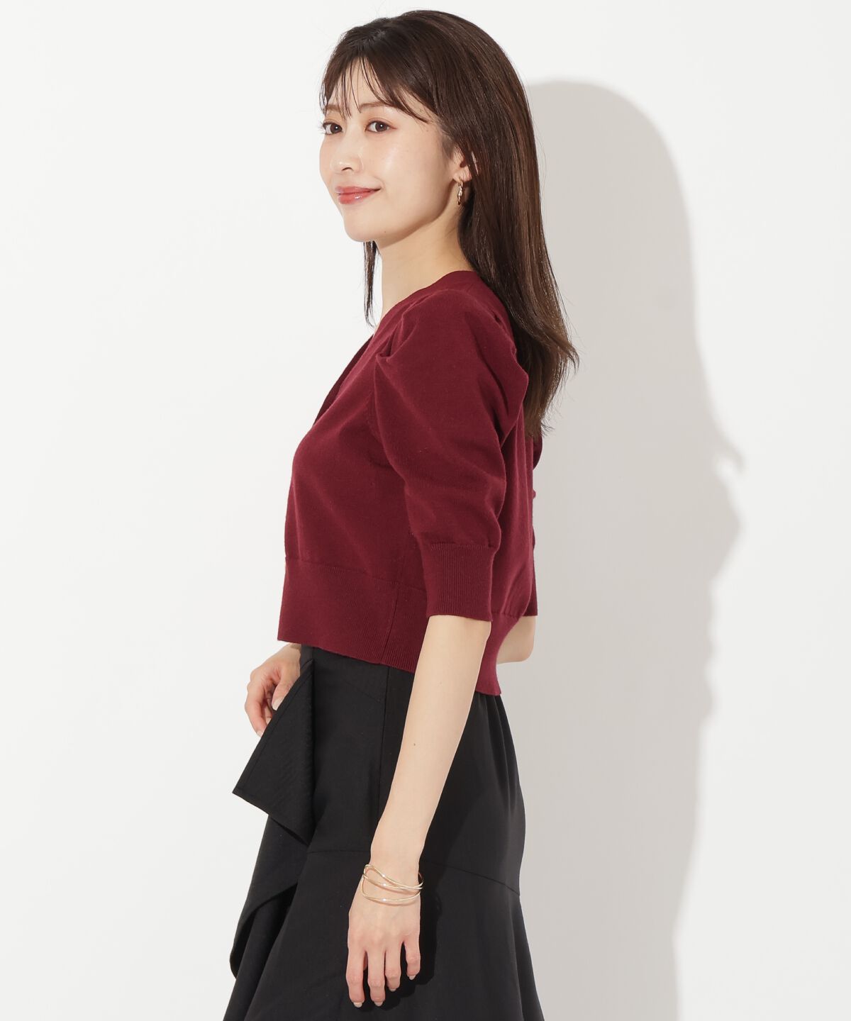 アンドクチュール「袖ギャザーVネックカーデプルオーバー」|ニット・セーター|