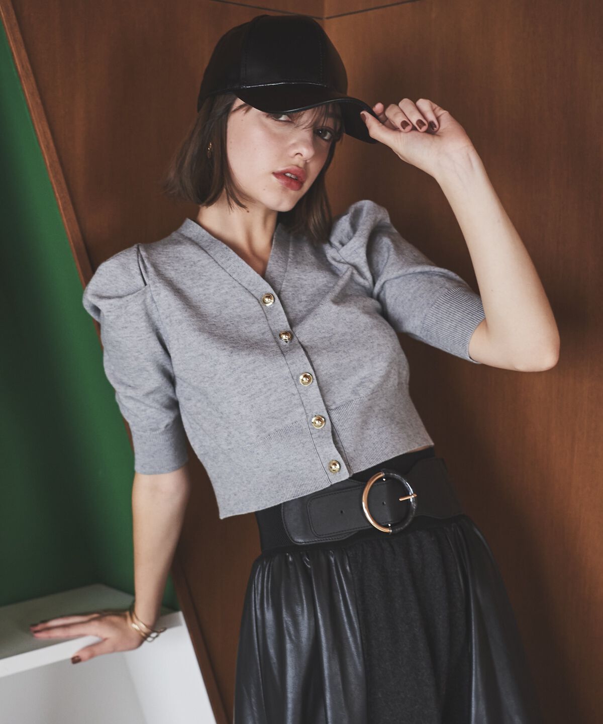 アンドクチュール「袖ギャザーVネックカーデプルオーバー」|ニット・セーター|グレー