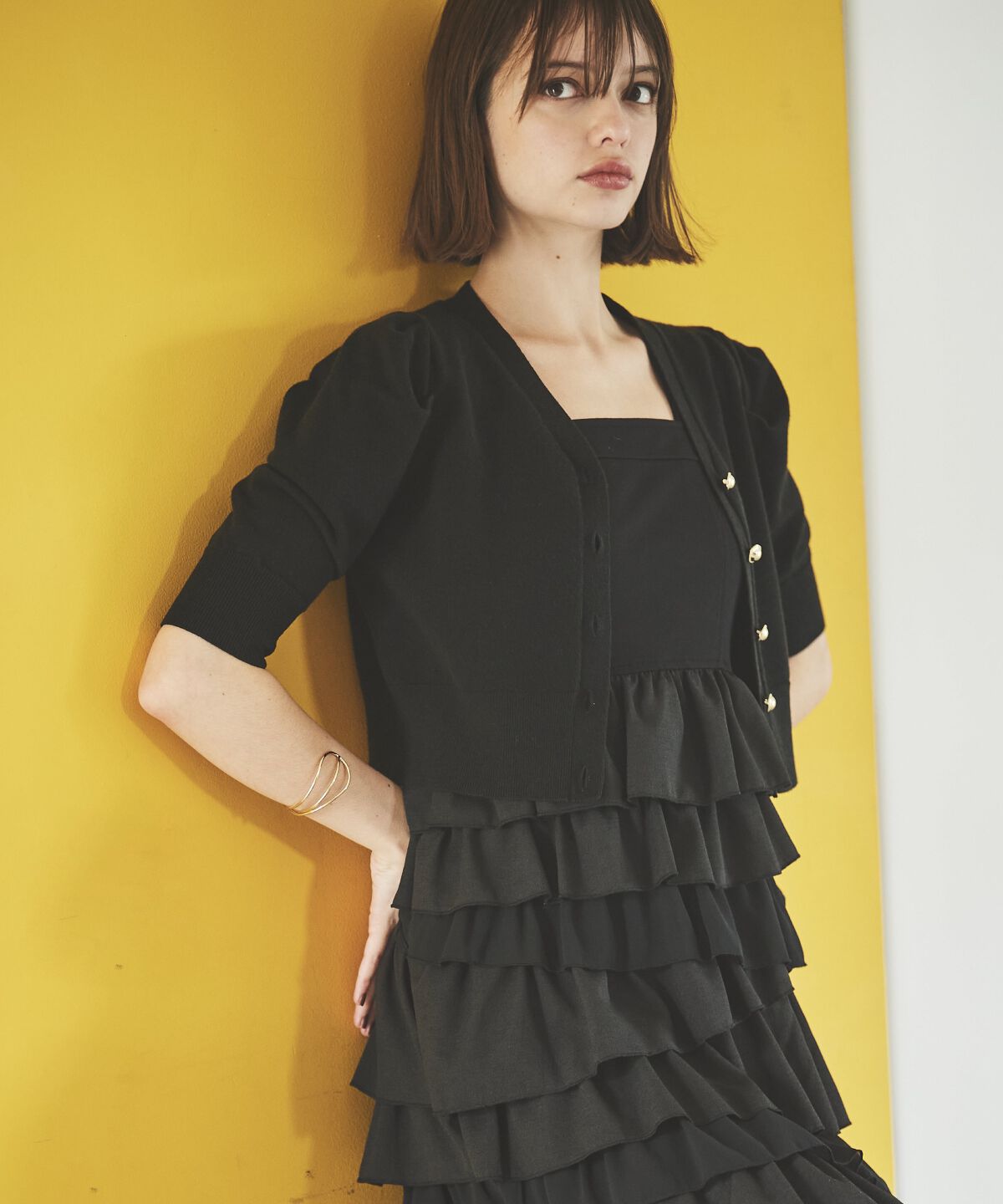 アンドクチュール「袖ギャザーVネックカーデプルオーバー」|ニット・セーター|