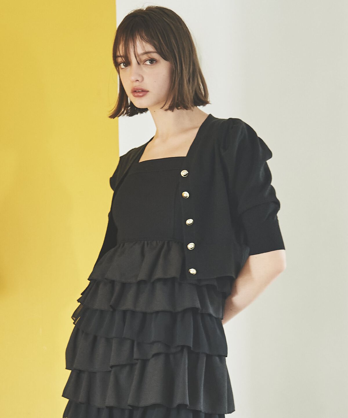 アンドクチュール「袖ギャザーVネックカーデプルオーバー」|ニット・セーター|