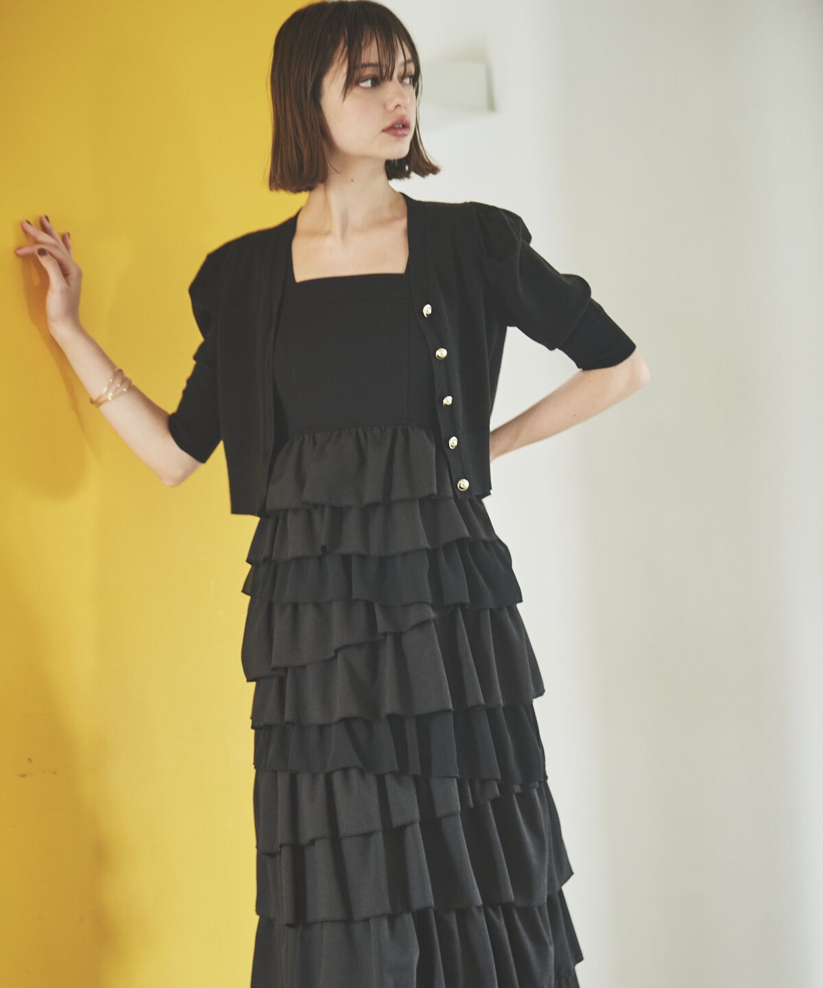 アンドクチュール「袖ギャザーVネックカーデプルオーバー」|ニット・セーター|