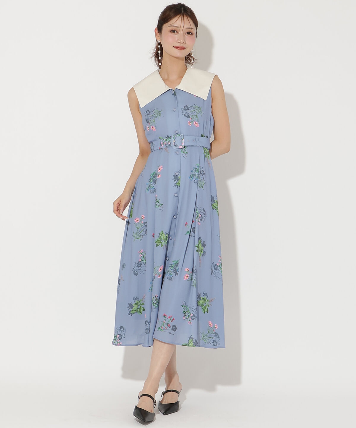 アンドクチュール「ドローイングフラワー配色襟ワンピース」|ワンピース|