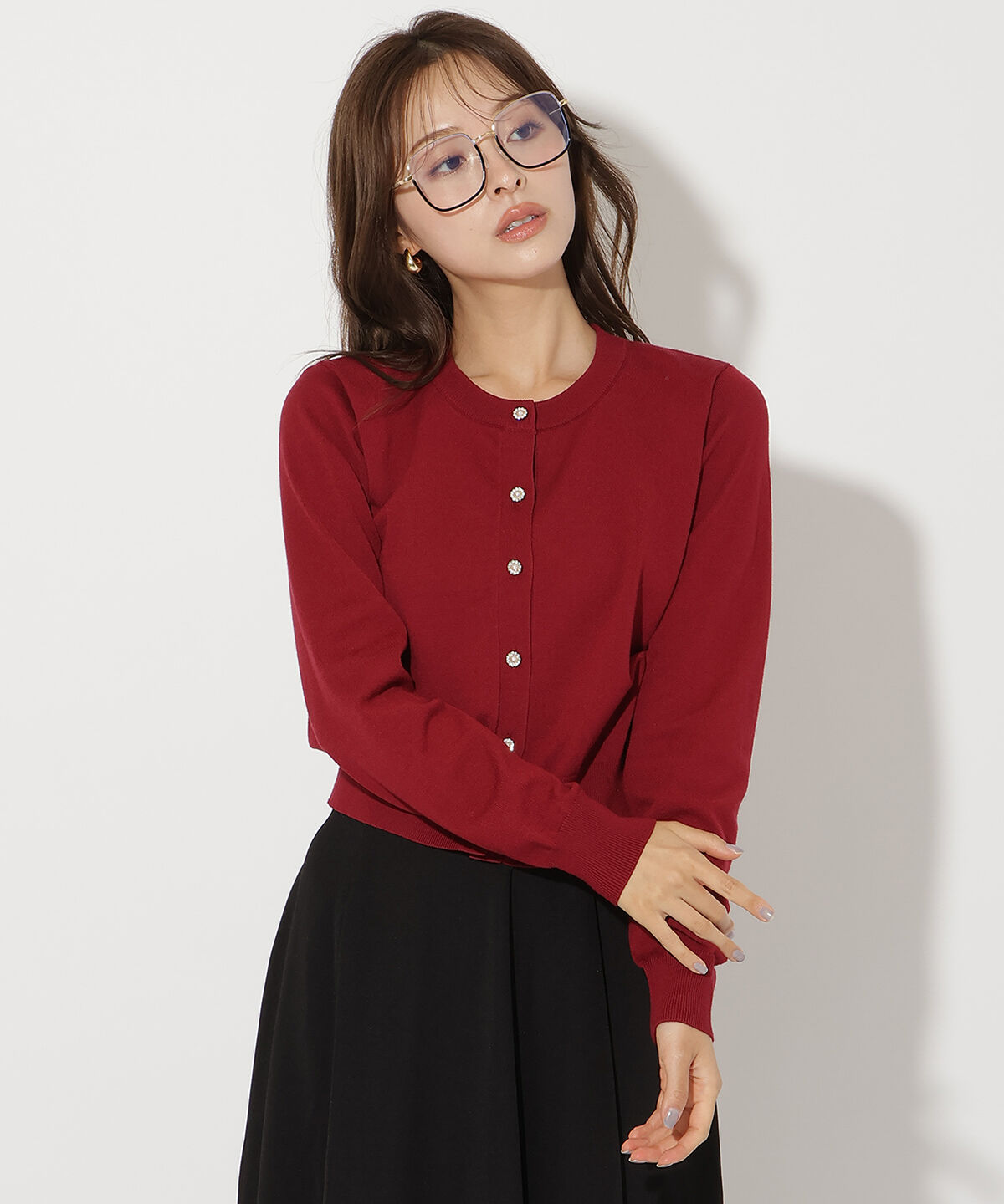 アンドクチュール「ビジューボタンクルーネックカーディガン」|カーディガン|