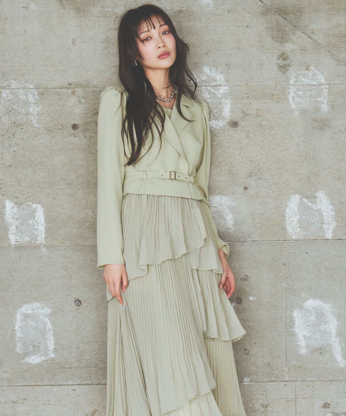 アンドクチュール「ジャケットレイヤードプリーツワンピース」|ワンピース|ミント