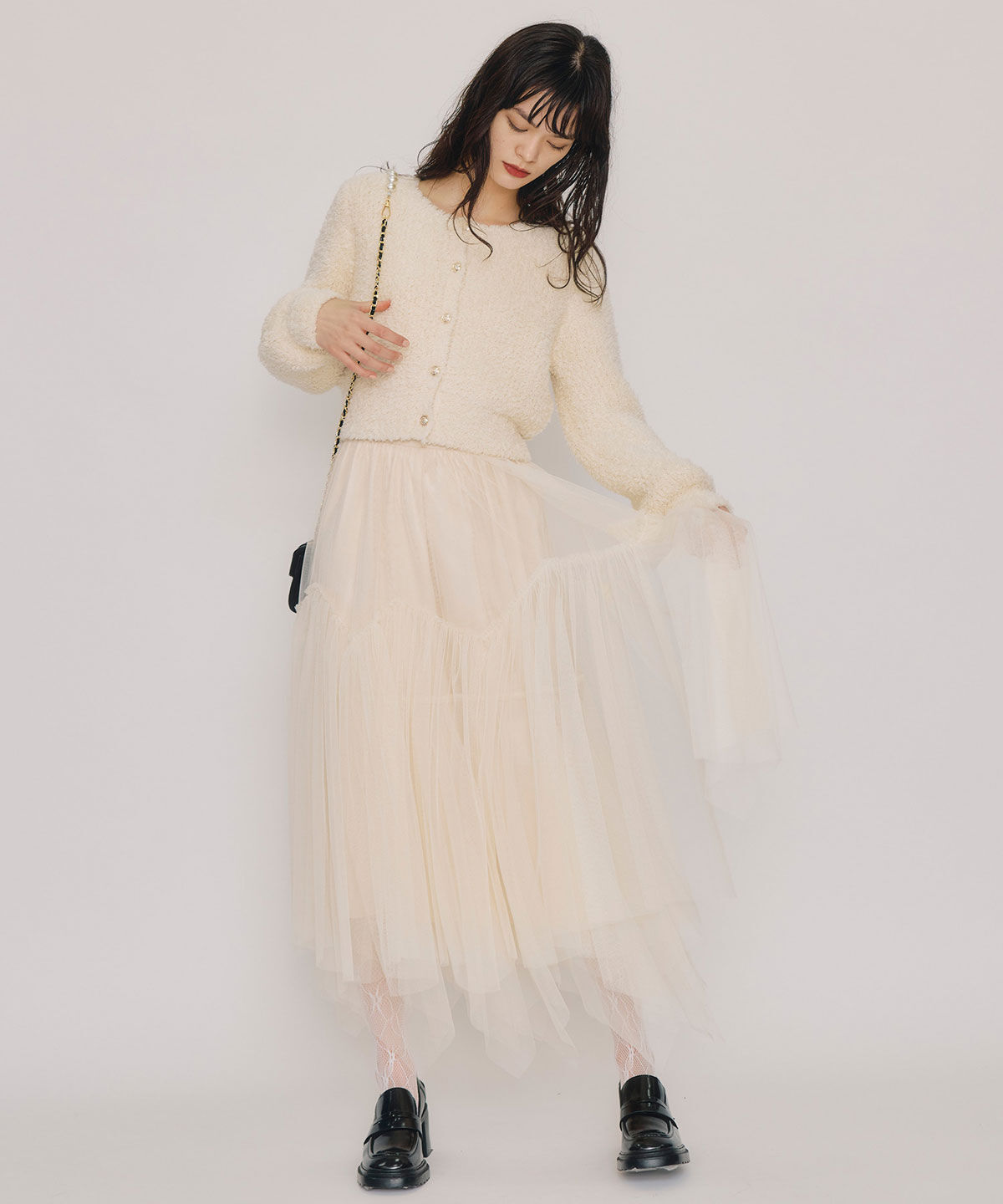 REDYAZEL「フラッフィブークレシャギーニットカーディガン」|カーディガン|