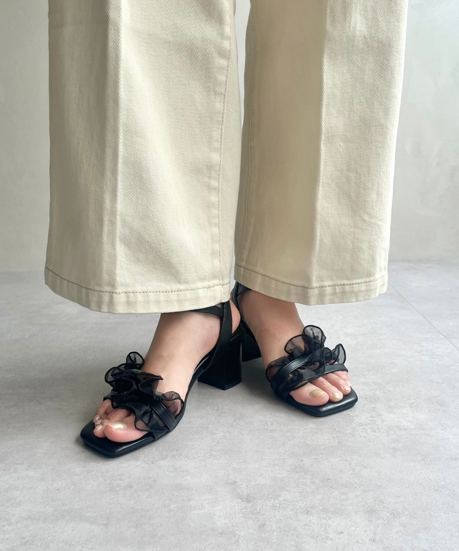 ORiental TRaffic「【WEB限定】●2025春夏新作●フリルストラップヒールサンダル/55210 トレンド 人気 ヒール7cm」|サンダル|