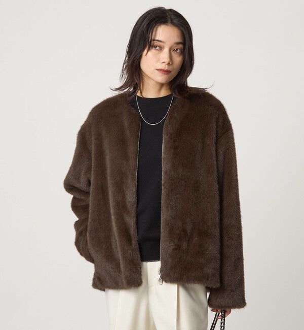 UNITED ARROWS green label relaxing「フェイクファー ノーカラー コート」|ノーカラーコート|DK.BROWN