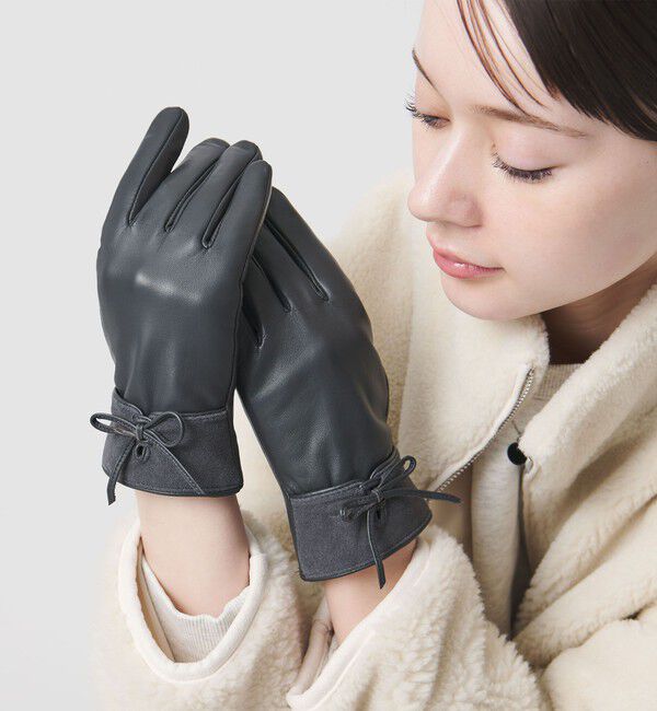 BEAUTY&YOUTH UNITED ARROWS「レザー&times;スエード コンビ リボン グローブ」|手袋|DK.GRAY