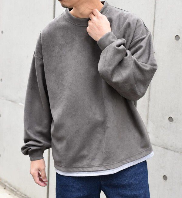 SHIPS any「SHIPS any: 〈洗濯機可能〉フェイクスエード (ポリエステル) / レイヤード クルーネック プルオーバー◇」|スウェット・ジャージ|ダークグレー