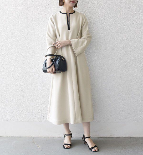 SHIPS any「《一部追加予約》【WEB限定】SHIPS any: ダブルクロス ウエスト タック Aライン ワンピース ［NAVY BLUE］」|ワンピース|ベージュ