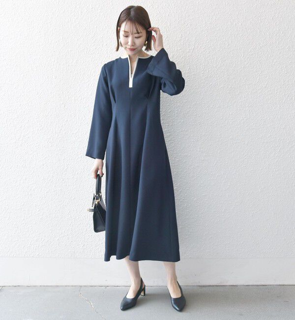 SHIPS any「《一部追加予約》【WEB限定】SHIPS any: ダブルクロス ウエスト タック Aライン ワンピース ［NAVY BLUE］」|ワンピース|