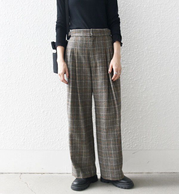 SHIPS any「SHIPS any:〈手洗い可能〉ウールライク チェック セミワイド グルカ パンツ」|その他|ブラック