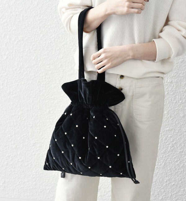 SHIPS any「SHIPS any: ビジュー ポリエステル ベロア キルティング ドロスト トートバッグ」|トートバッグ|ブラック