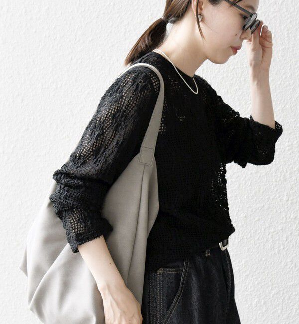 SHIPS any「SHIPS any:〈手洗い可能〉フラワー メッシュ クルーネック プルオーバー」|Tシャツ・カットソー|ブラック