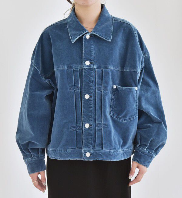 quaranciel「quaranciel:〈洗濯機可能〉コットン ベロア インディゴ ボリュームスリーブ ショート ブルゾン」|ブルゾン・スタジャン|