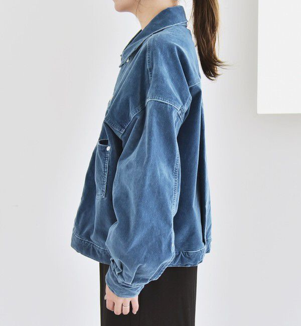 quaranciel「quaranciel:〈洗濯機可能〉コットン ベロア インディゴ ボリュームスリーブ ショート ブルゾン」|ブルゾン・スタジャン|