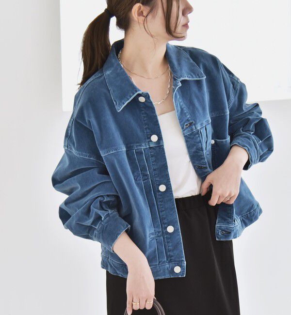 quaranciel「quaranciel:〈洗濯機可能〉コットン ベロア インディゴ ボリュームスリーブ ショート ブルゾン」|ブルゾン・スタジャン|