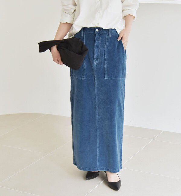 quaranciel「quaranciel:〈洗濯機可能〉コットン ベロア インディゴ Iライン ストレート スカート」|タイト|ブルー