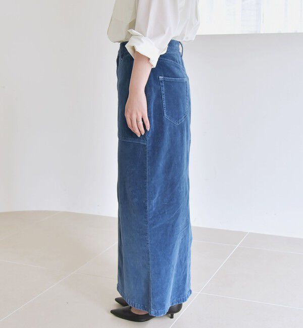 quaranciel「quaranciel:〈洗濯機可能〉コットン ベロア インディゴ Iライン ストレート スカート」|タイト|