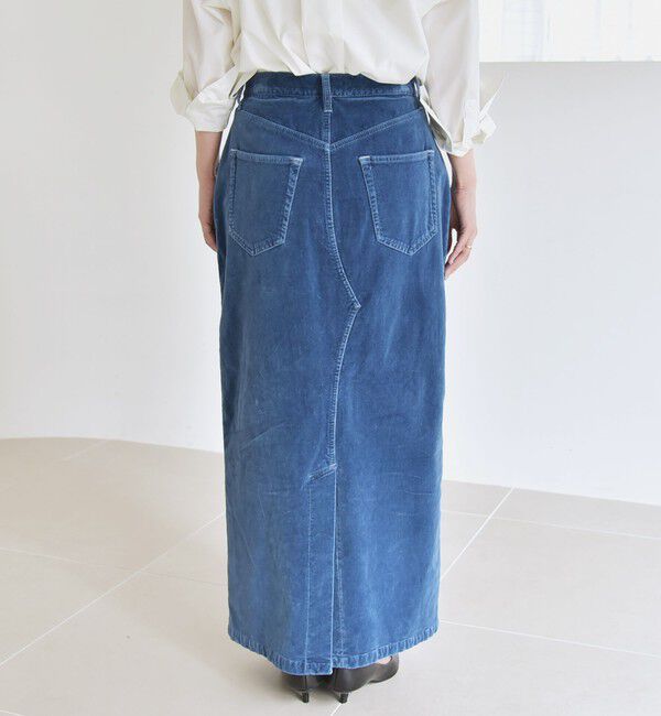 quaranciel「quaranciel:〈洗濯機可能〉コットン ベロア インディゴ Iライン ストレート スカート」|タイト|