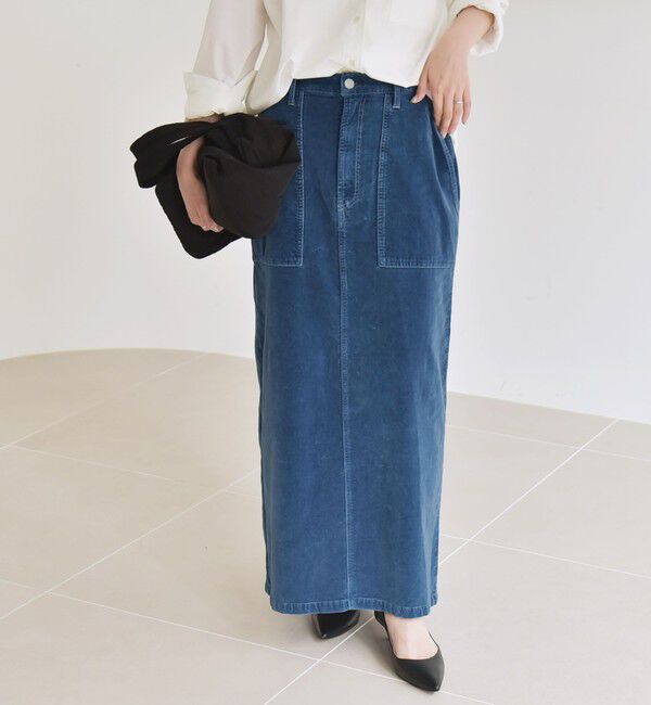 quaranciel「quaranciel:〈洗濯機可能〉コットン ベロア インディゴ Iライン ストレート スカート」|タイト|