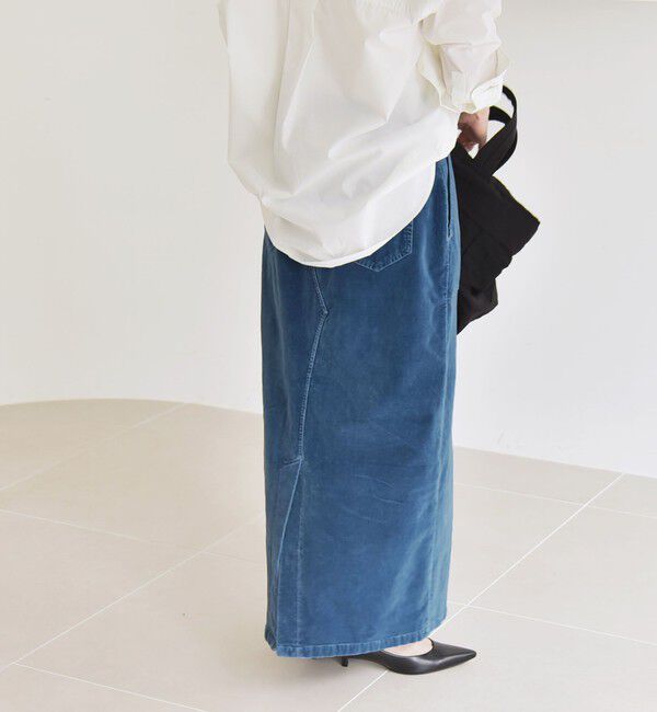 quaranciel「quaranciel:〈洗濯機可能〉コットン ベロア インディゴ Iライン ストレート スカート」|タイト|