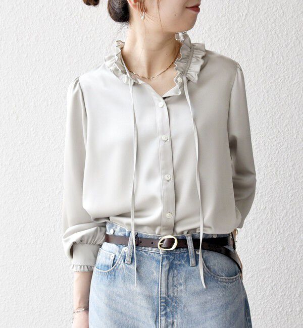 SHIPS any「《一部追加予約》SHIPS any:〈洗濯機可能〉サテン フリル カラー リボン シャツ ブラウス」|シャツ・ブラウス|