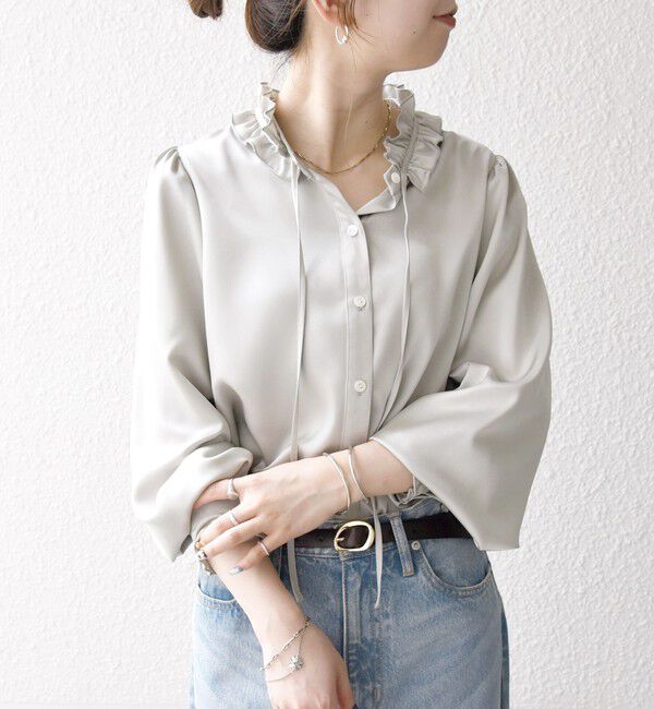 SHIPS any「《一部追加予約》SHIPS any:〈洗濯機可能〉サテン フリル カラー リボン シャツ ブラウス」|シャツ・ブラウス|