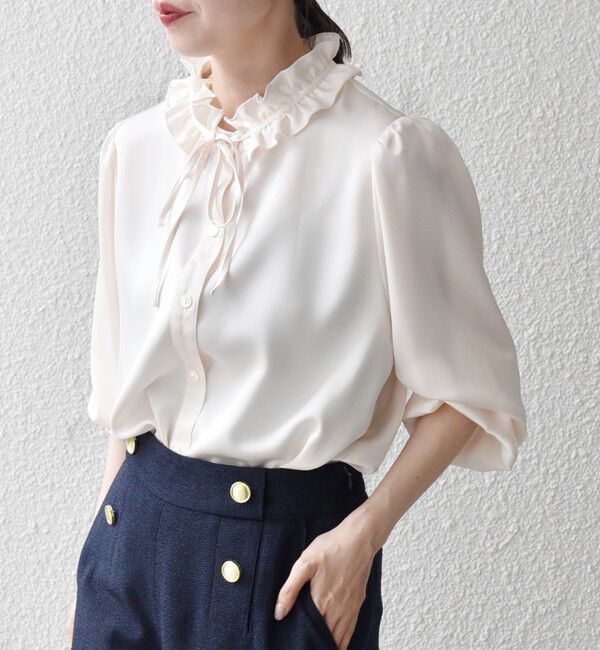 SHIPS any「《一部追加予約》SHIPS any:〈洗濯機可能〉サテン フリル カラー リボン シャツ ブラウス」|シャツ・ブラウス|
