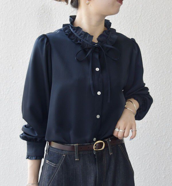 SHIPS any「《一部追加予約》SHIPS any:〈洗濯機可能〉サテン フリル カラー リボン シャツ ブラウス」|シャツ・ブラウス|