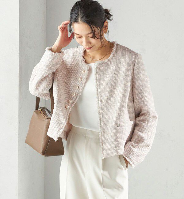 SHIPS for women「《一部追加予約》トライスピン 杢 ツイード パール モチーフ ボタン ジャケット（セレモニー対応可）」|ノーカラージャケット|