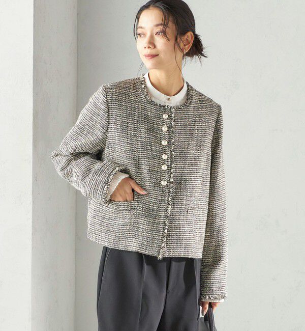 SHIPS for women「《一部追加予約》トライスピン 杢 ツイード パール モチーフ ボタン ジャケット（セレモニー対応可）」|ノーカラージャケット|