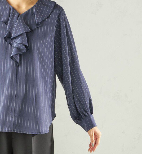 SHIPS for women「《予約》〈手洗い可能〉フィブリル ストライプ フリル カラー ブラウス」|シャツ・ブラウス|