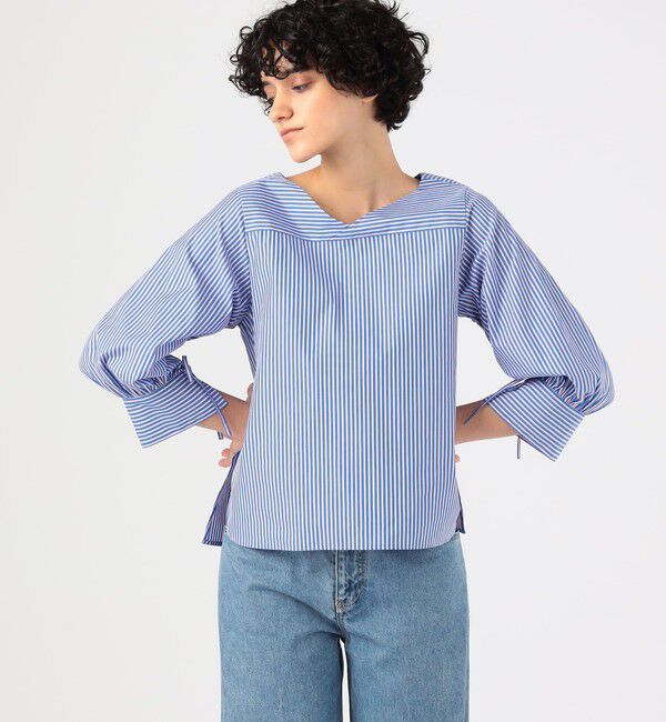 MACPHEE「ストライプシャーリング Vネックブラウス」|シャツ・ブラウス|